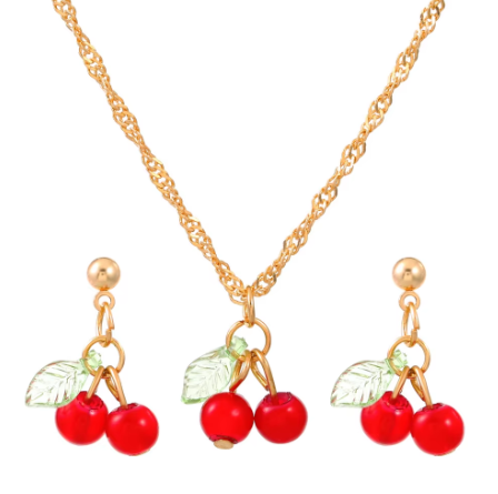 Encanto Cereza – Set de Collar y Pendientes Chapados en Oro para Mujer 🍒